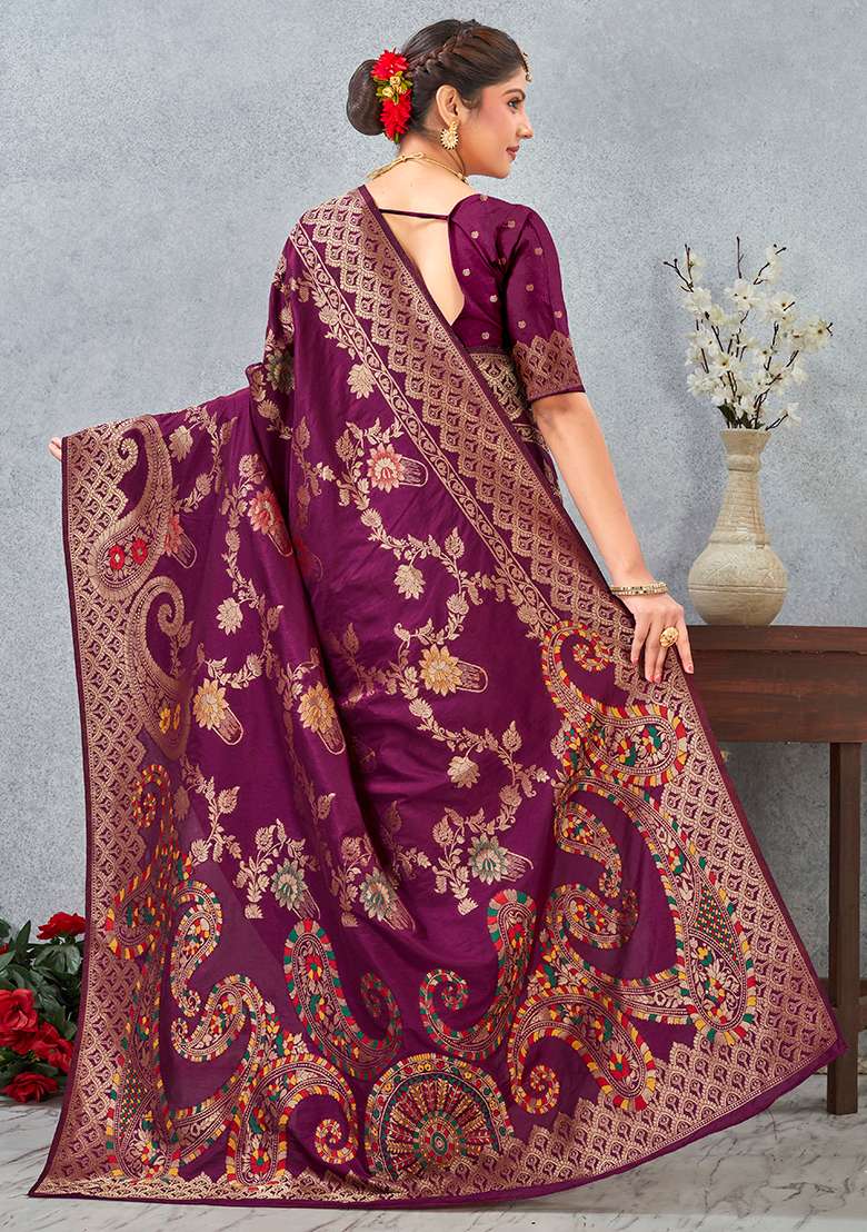 Wine Meenakari Silk Blend Saree Set for Diwali and Festive Wear - Indya