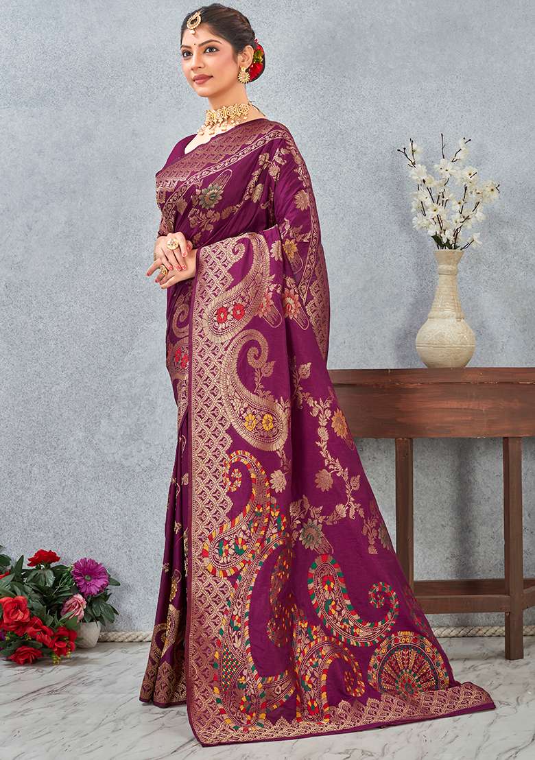 Wine Meenakari Silk Blend Saree Set for Diwali and Festive Wear - Indya