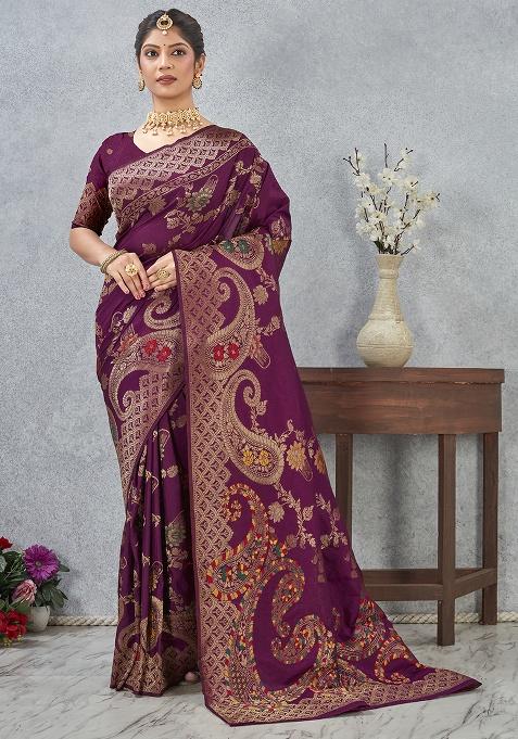 Wine Meenakari Silk Saree Set