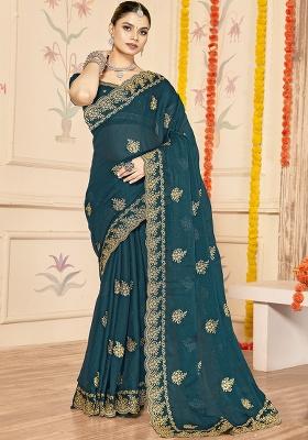 Blue Embroidery Work Silk Saree Set