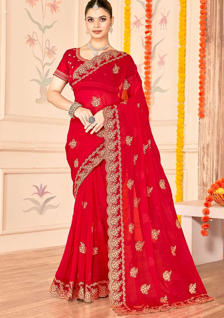 Red Work Silk Blend Saree Set with Embroidery for Diwali | Wedding & Festive Wear - Indya