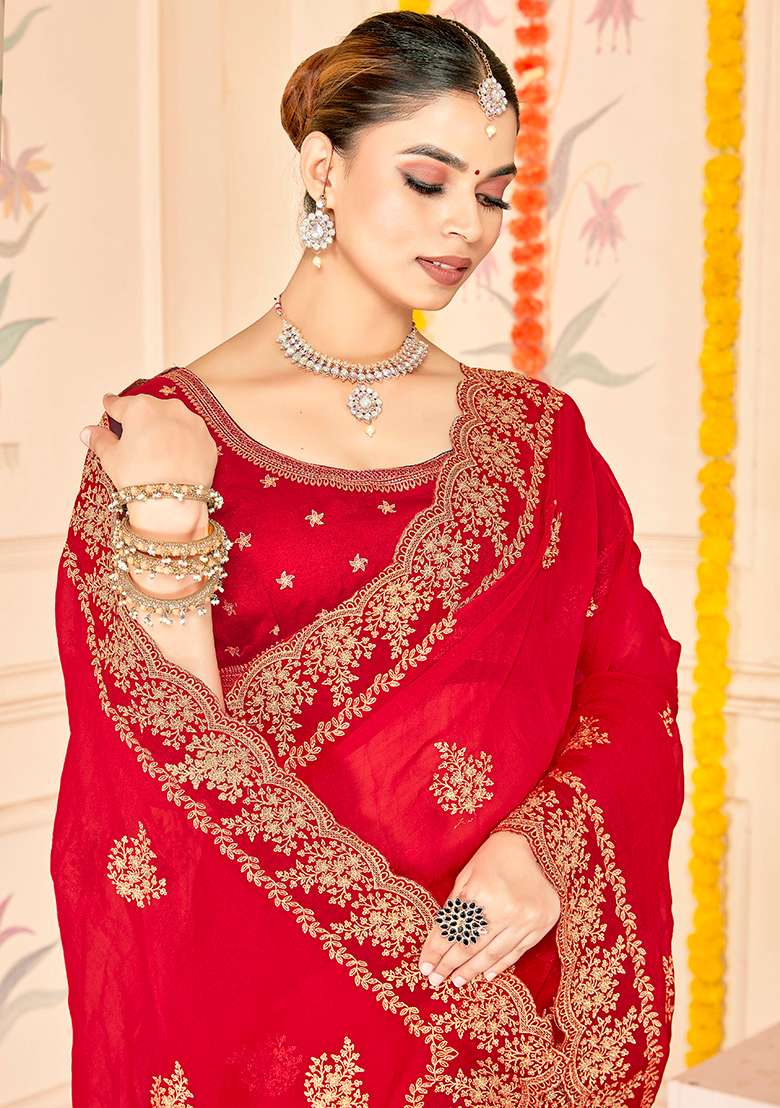 Red Work Silk Blend Saree Set with Embroidery for Diwali | Wedding & Festive Wear - Indya
