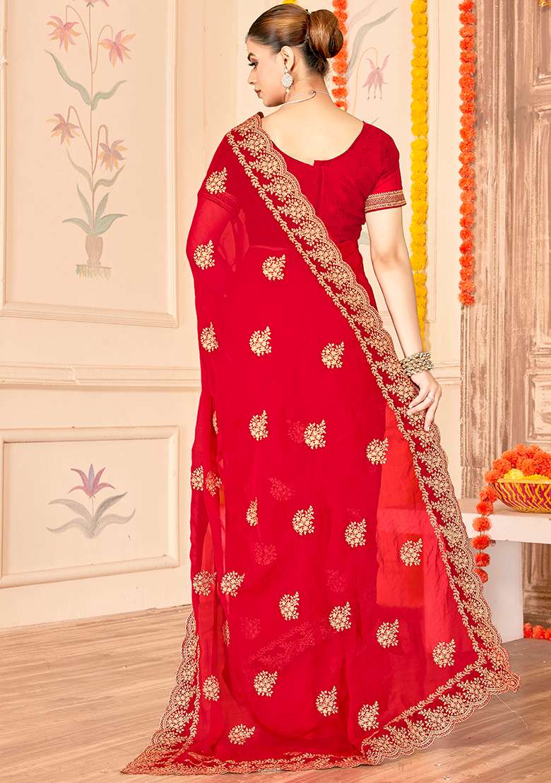 Red Work Silk Blend Saree Set with Embroidery for Diwali | Wedding & Festive Wear - Indya