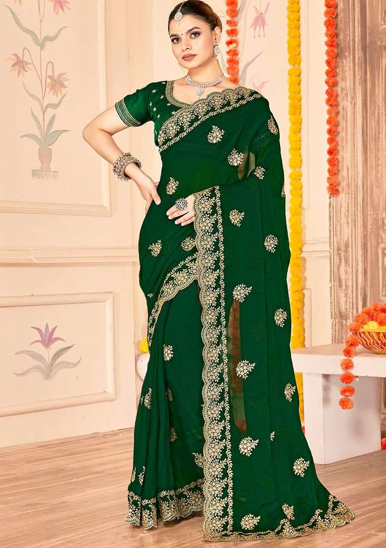 Botel Green Embroidery Work Silk Blend Saree Set for Diwali and Festive Wear - Indya