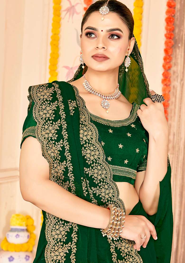 Botel Green Embroidery Work Silk Blend Saree Set for Diwali and Festive Wear - Indya