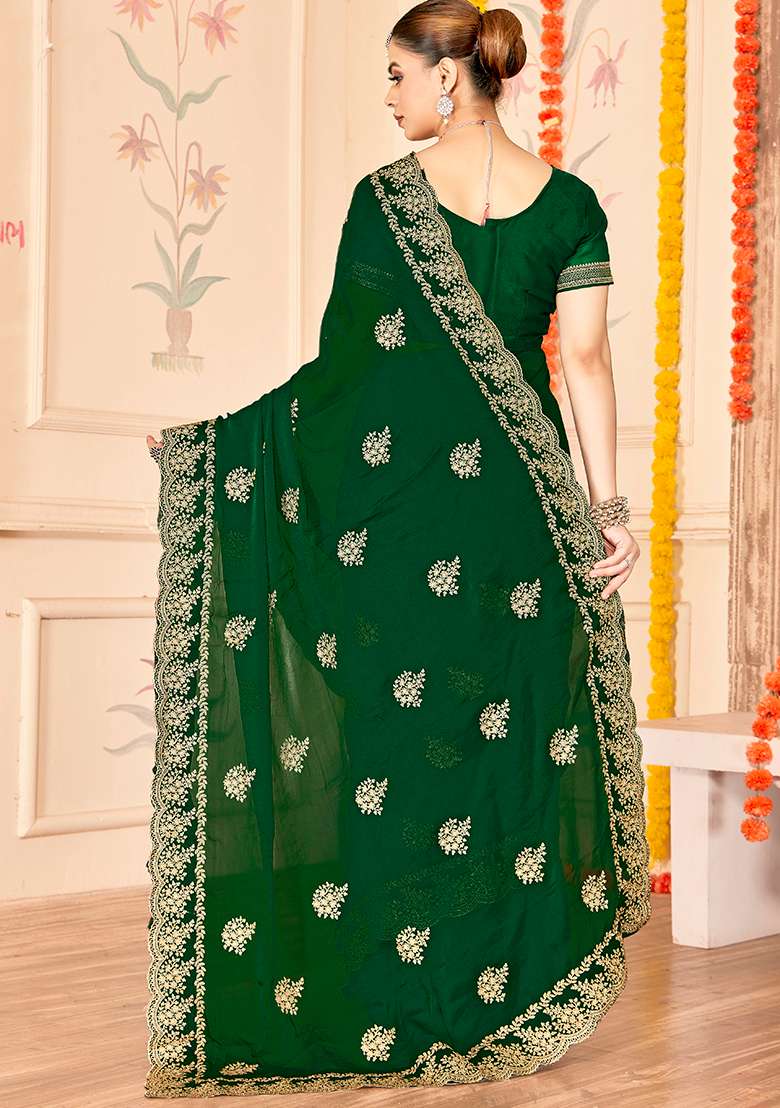 Botel Green Embroidery Work Silk Blend Saree Set for Diwali and Festive Wear - Indya