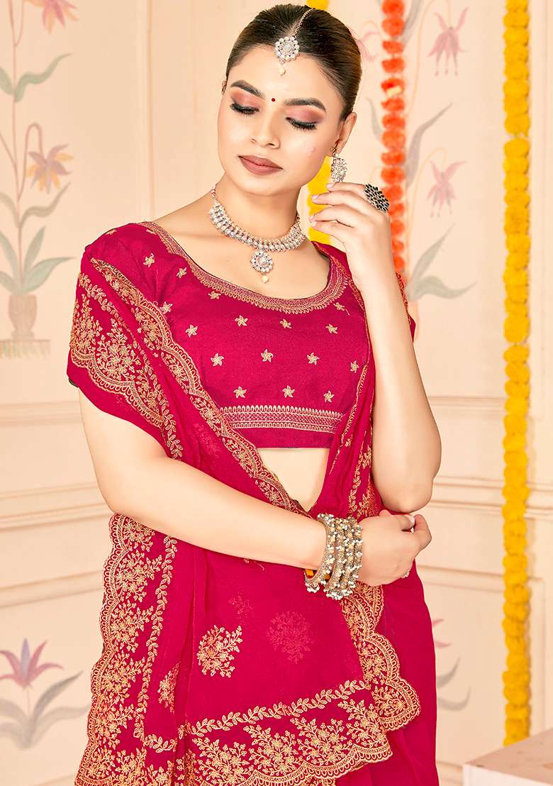 Rani Work Silk Blend Saree Set with Embroidery for Diwali | Wedding & Festive Wear - Indya