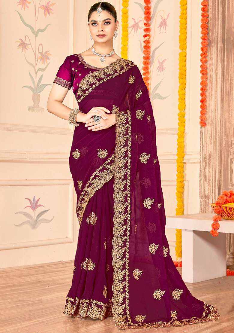 Wine Work Silk Blend Saree Set with Embroidery for Diwali | Wedding & Festive Wear - Indya