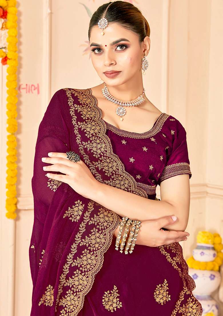 Wine Work Silk Blend Saree Set with Embroidery for Diwali | Wedding & Festive Wear - Indya
