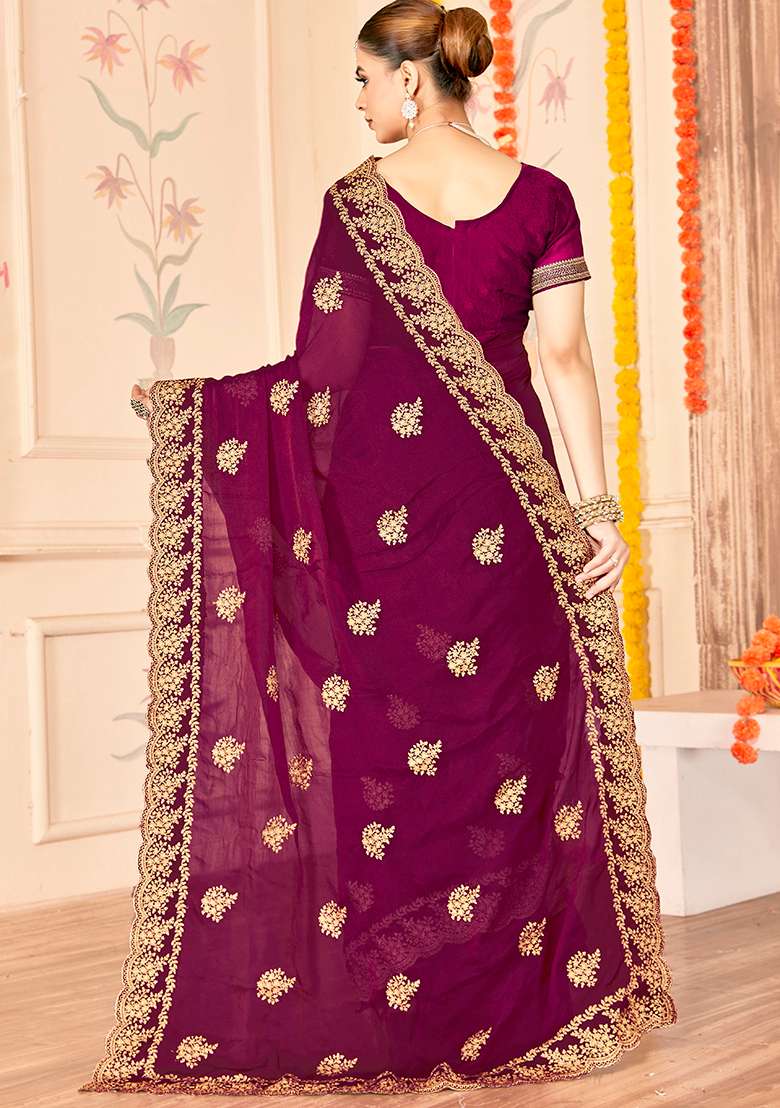 Wine Work Silk Blend Saree Set with Embroidery for Diwali | Wedding & Festive Wear - Indya