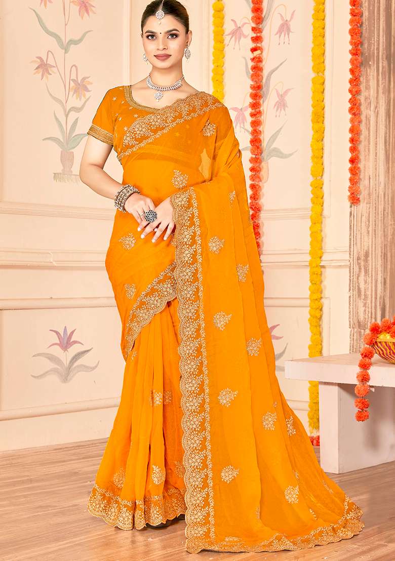 Mustard Work Silk Blend Saree Set with Embroidery for Diwali | Wedding & Festive Wear - Indya
