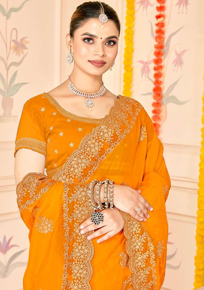 Mustard Work Silk Blend Saree Set with Embroidery for Diwali | Wedding & Festive Wear - Indya