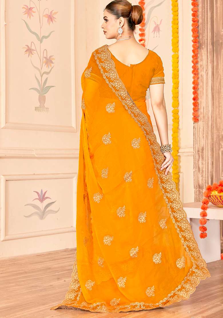 Mustard Work Silk Blend Saree Set with Embroidery for Diwali | Wedding & Festive Wear - Indya