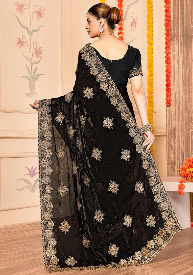 Black Work Silk Blend Saree Set with Embroidery for Diwali | Wedding & Festive Wear - Indya
