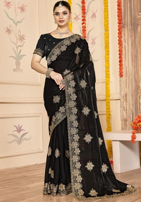 Black Embroidery Work Silk Saree Set