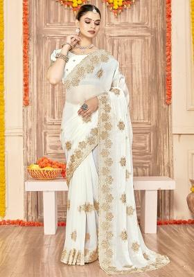 White Embroidery Work Silk Saree Set
