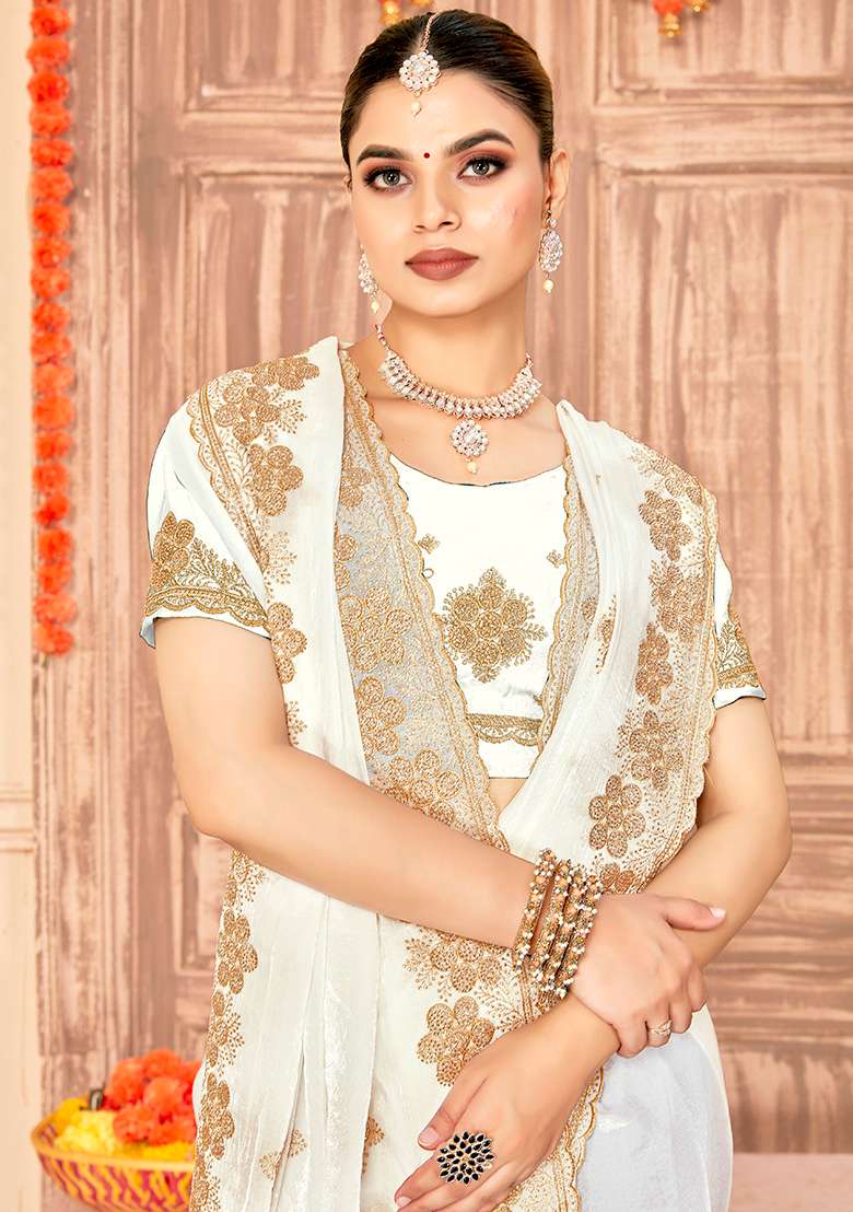 White Work Silk Blend Saree Set with Embroidery for Diwali | Wedding & Festive Wear - Indya