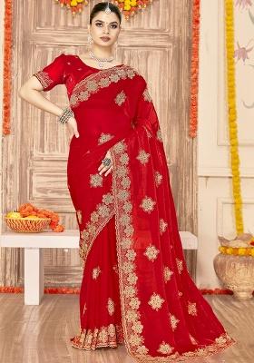 Red Embroidery Work Silk Saree Set