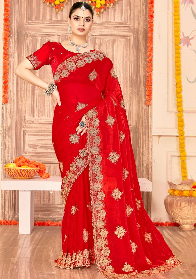 Red Work Silk Blend Saree Set with Embroidery for Diwali | Wedding & Festive Wear - Indya