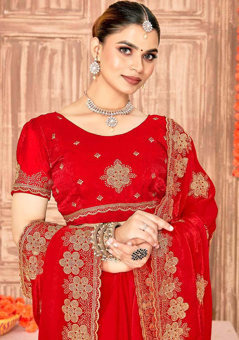 Red Work Silk Blend Saree Set with Embroidery for Diwali | Wedding & Festive Wear - Indya