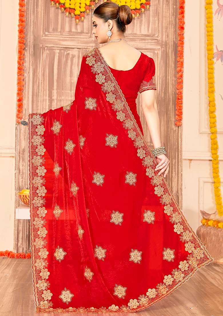 Red Work Silk Blend Saree Set with Embroidery for Diwali | Wedding & Festive Wear - Indya