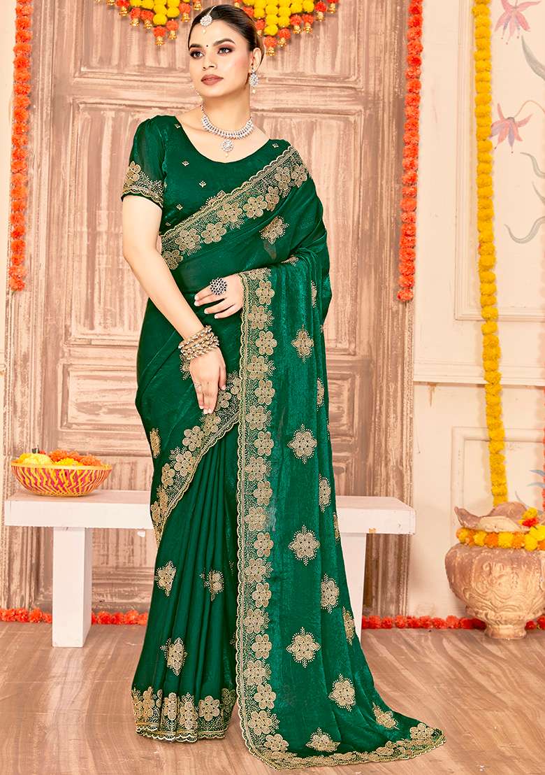 Botel Green Work Silk Blend Saree Set with Embroidery for Diwali | Wedding & Festive Wear - Indya
