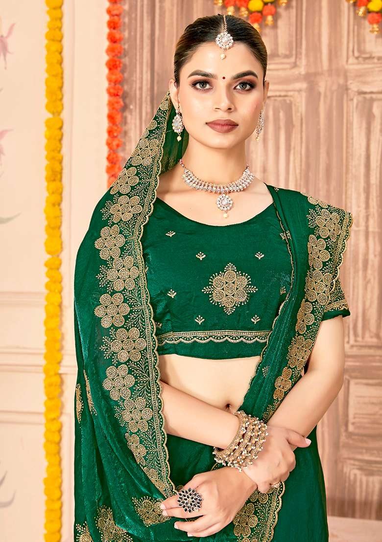 Botel Green Work Silk Blend Saree Set with Embroidery for Diwali | Wedding & Festive Wear - Indya