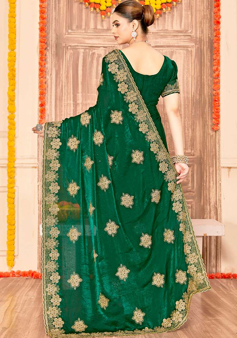 Botel Green Work Silk Blend Saree Set with Embroidery for Diwali | Wedding & Festive Wear - Indya