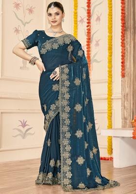 Blue Embroidery Work Silk Saree Set