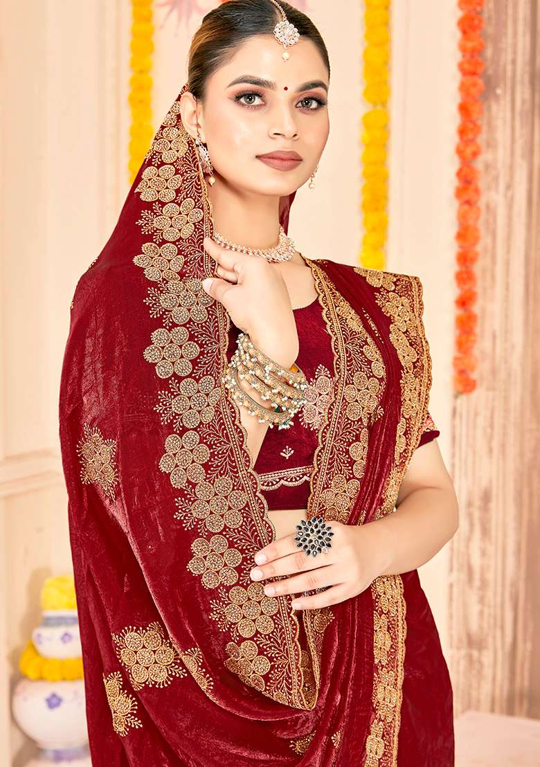 Maroon Work Silk Blend Saree Set with Embroidery for Diwali | Wedding & Festive Wear - Indya