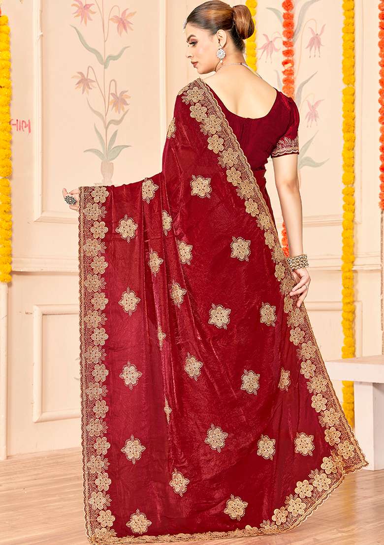 Maroon Work Silk Blend Saree Set with Embroidery for Diwali | Wedding & Festive Wear - Indya