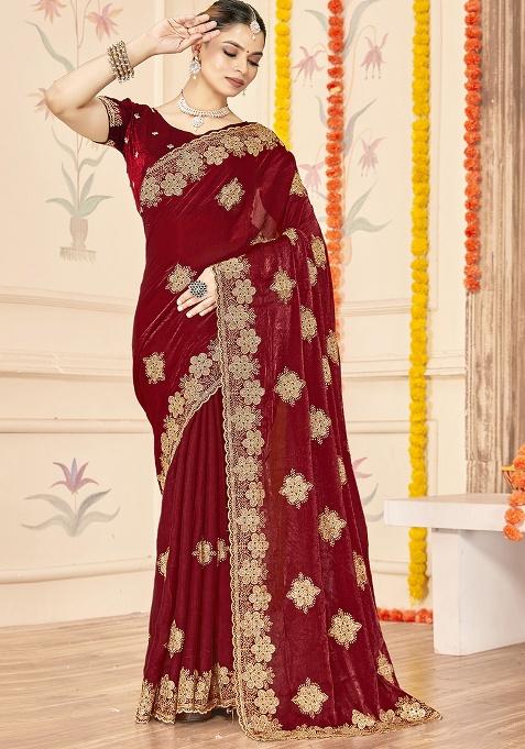 Maroon Embroidery Work Silk Saree Set