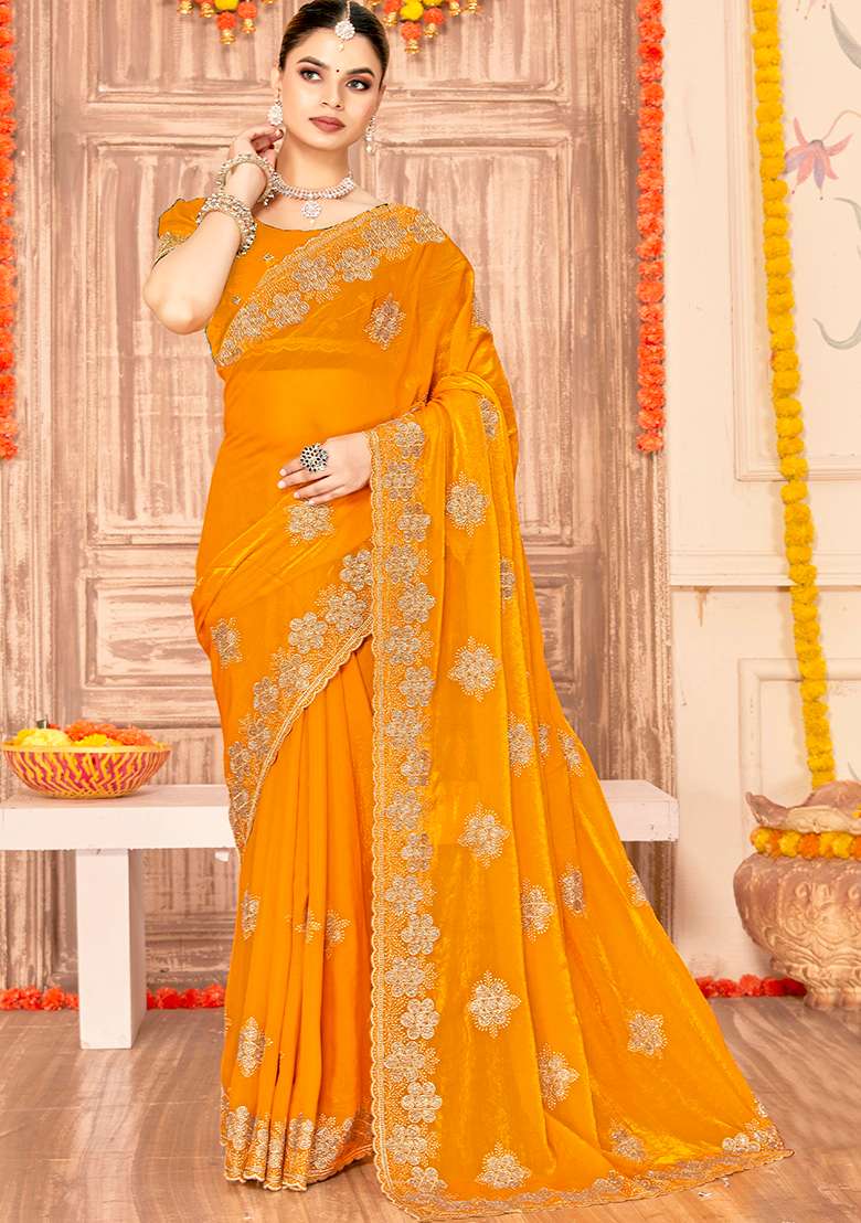 Mustard Embroidery Work Silk Blend Saree Set for Diwali and Festive Wear - Indya