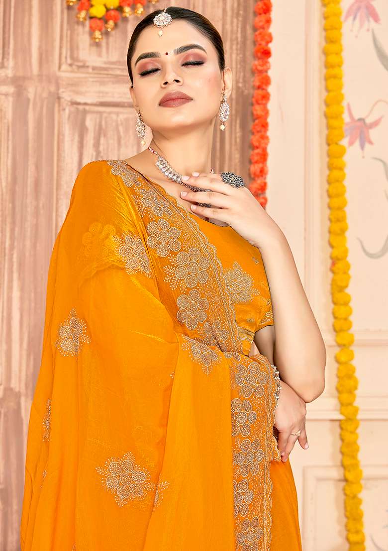 Mustard Embroidery Work Silk Blend Saree Set for Diwali and Festive Wear - Indya