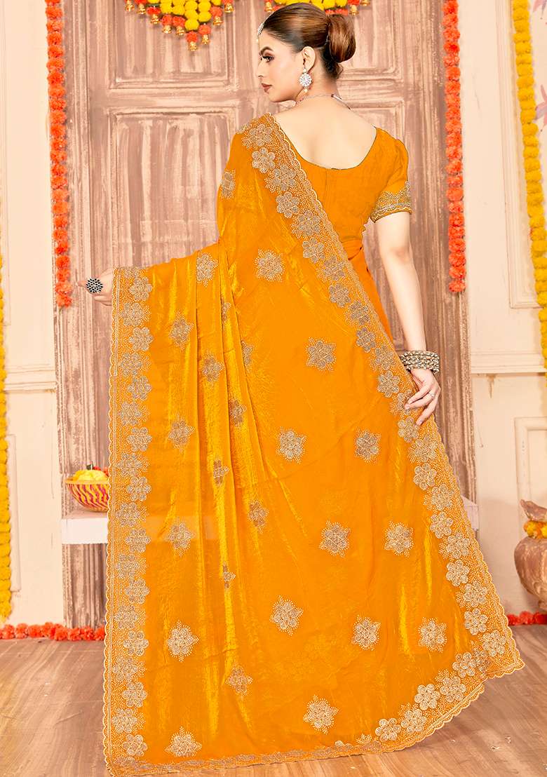 Mustard Embroidery Work Silk Blend Saree Set for Diwali and Festive Wear - Indya