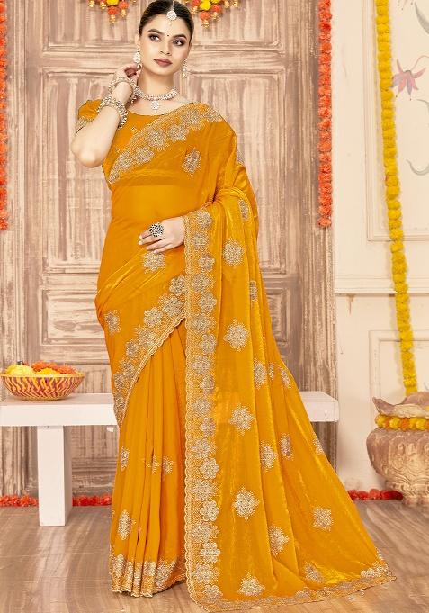 Mustard Embroidery Work Silk Saree Set