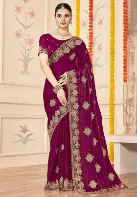 Wine Embroidery Work Silk Saree Set