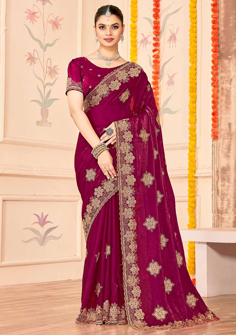 Wine Embroidery Work Silk Blend Saree Set for Diwali and Festive Wear - Indya