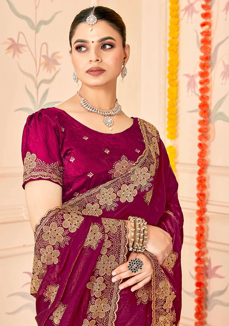 Wine Embroidery Work Silk Blend Saree Set for Diwali and Festive Wear - Indya