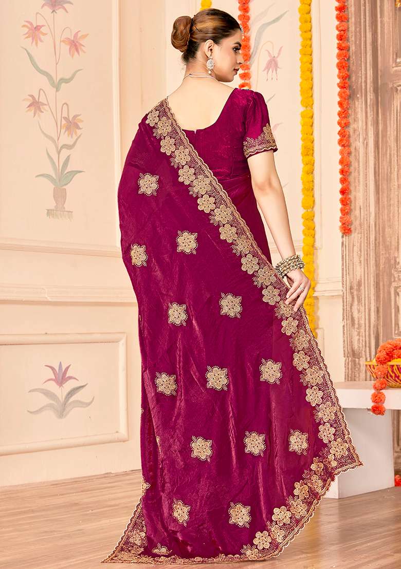 Wine Embroidery Work Silk Blend Saree Set for Diwali and Festive Wear - Indya