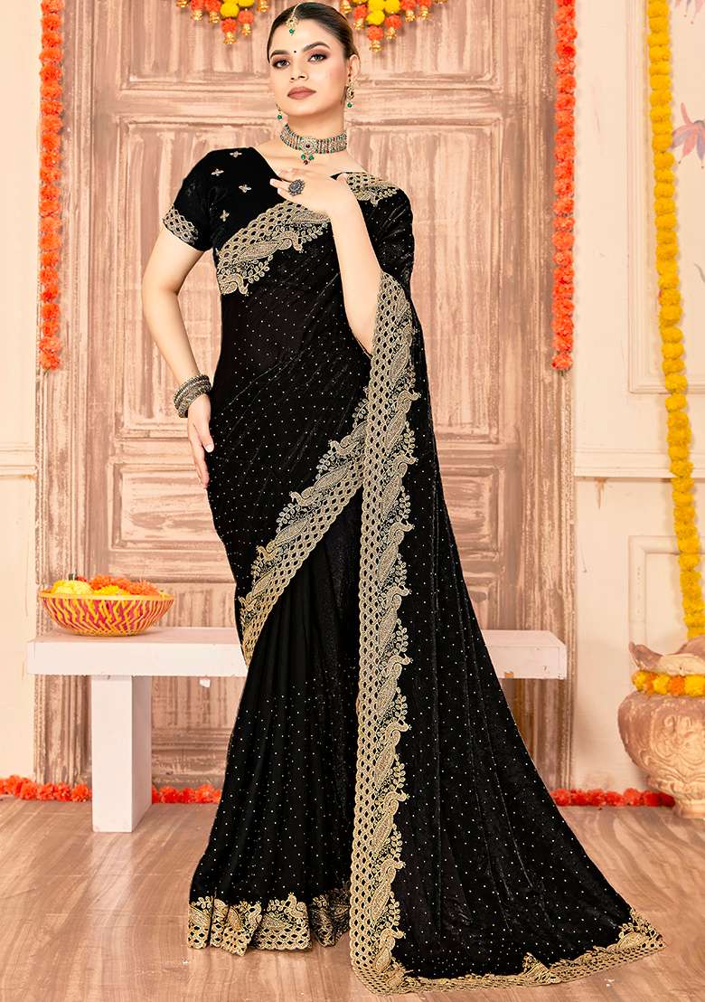Black Embroidery Work Silk Saree Set - Indya