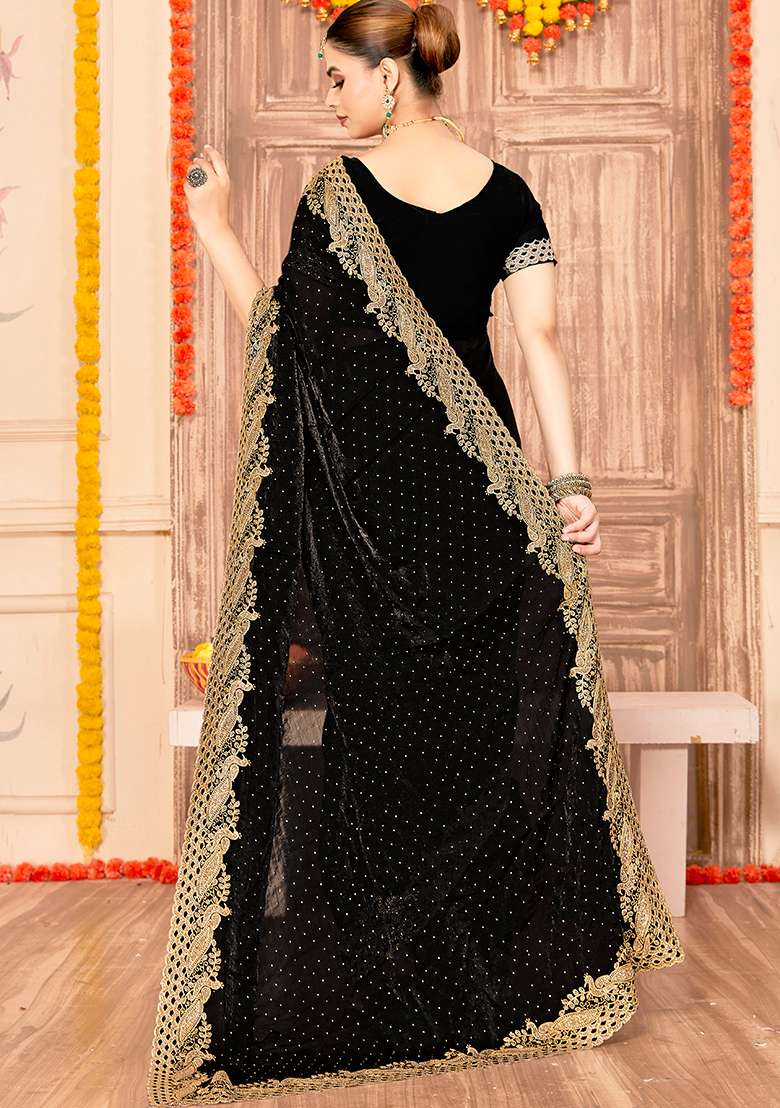 Black Embroidery Work Silk Saree Set - Indya