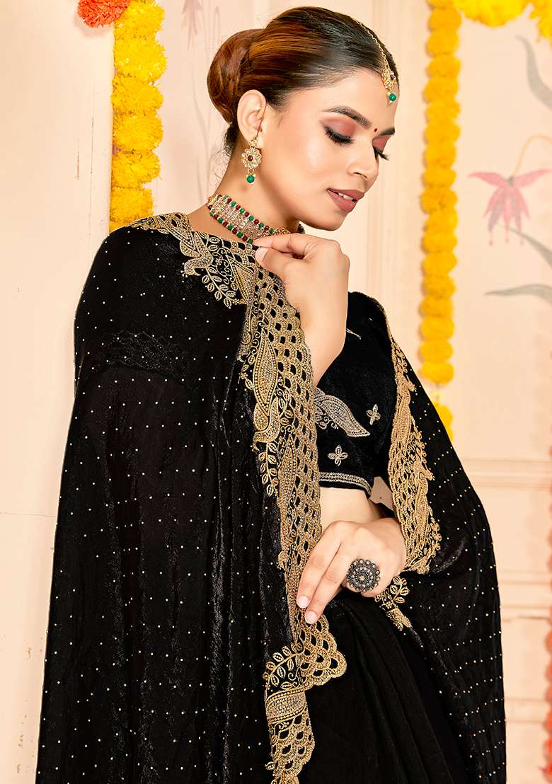 Black Embroidery Work Silk Saree Set - Indya