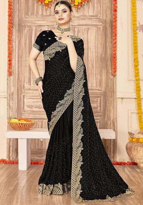 Black Embroidery Work Silk Saree Set
