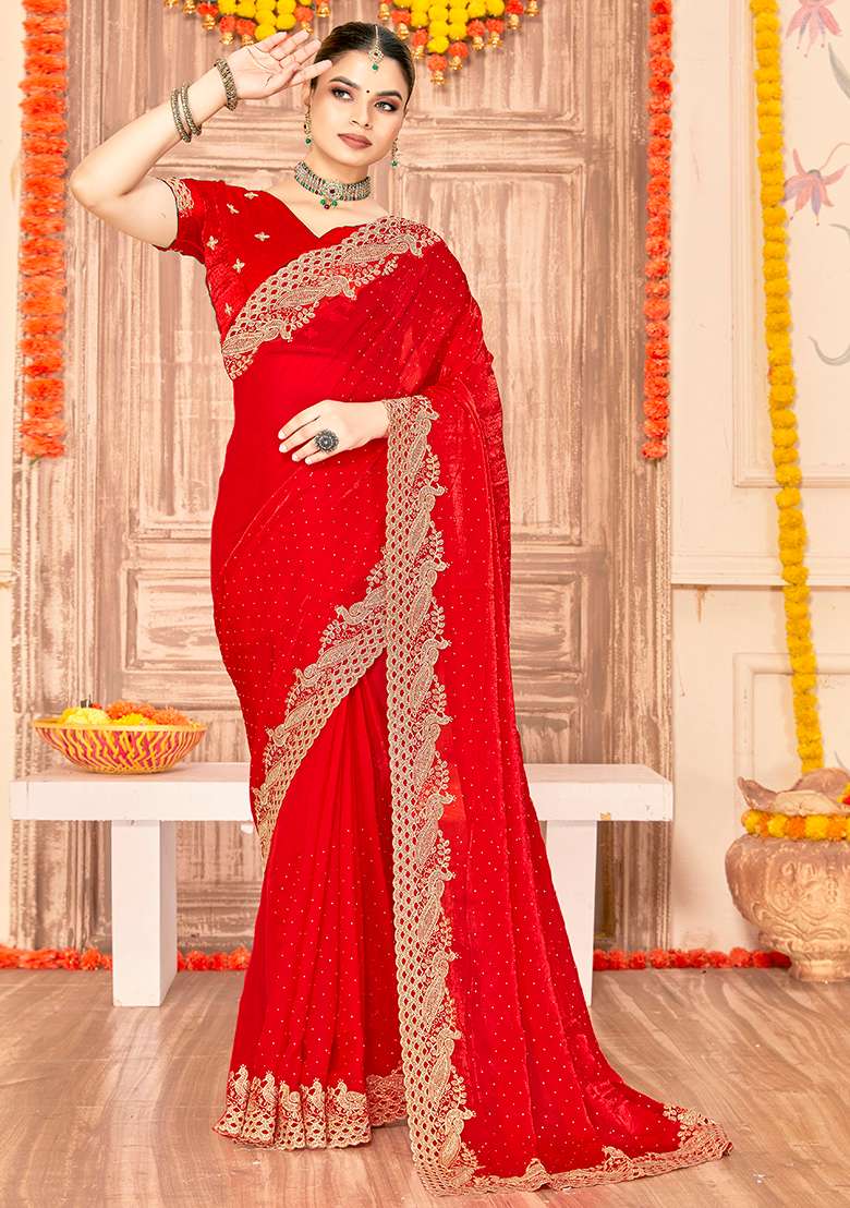 Red Embroidery Work Silk Blend Saree Set - Indya