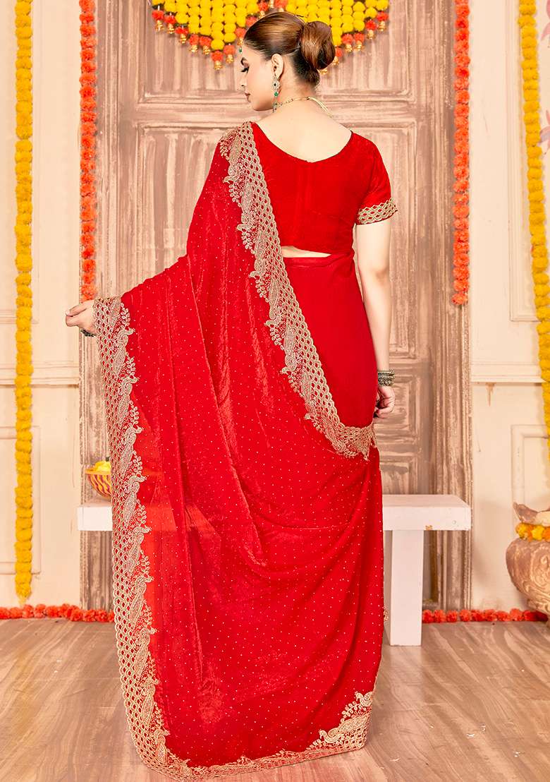 Red Embroidery Work Silk Blend Saree Set - Indya
