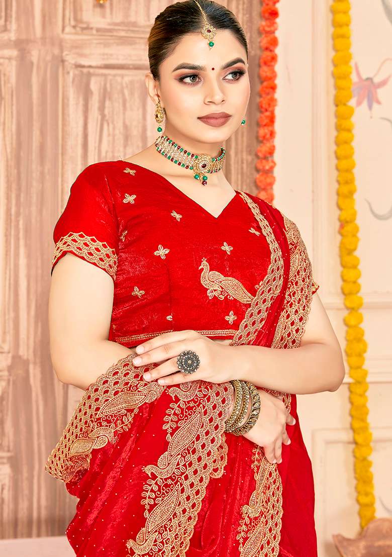 Red Embroidery Work Silk Blend Saree Set - Indya