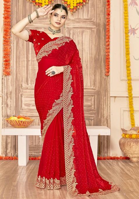 Red Embroidery Work Silk Saree Set