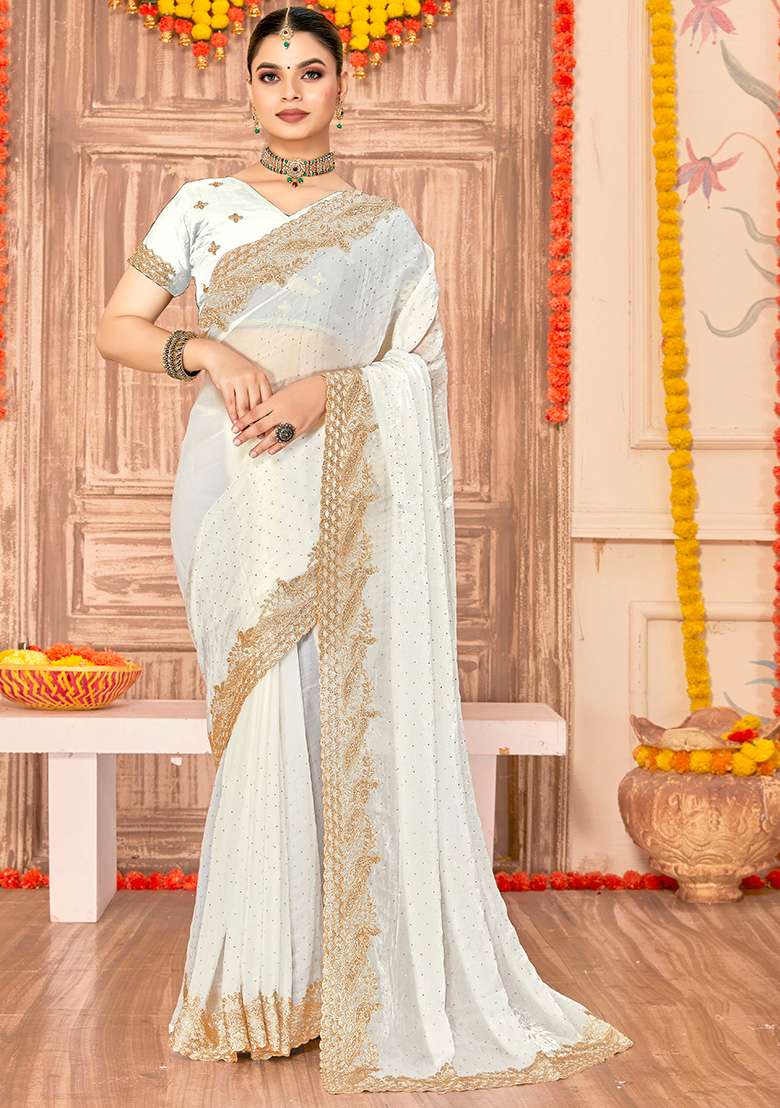 White Embroidery Work Silk Blend Saree Set - Indya