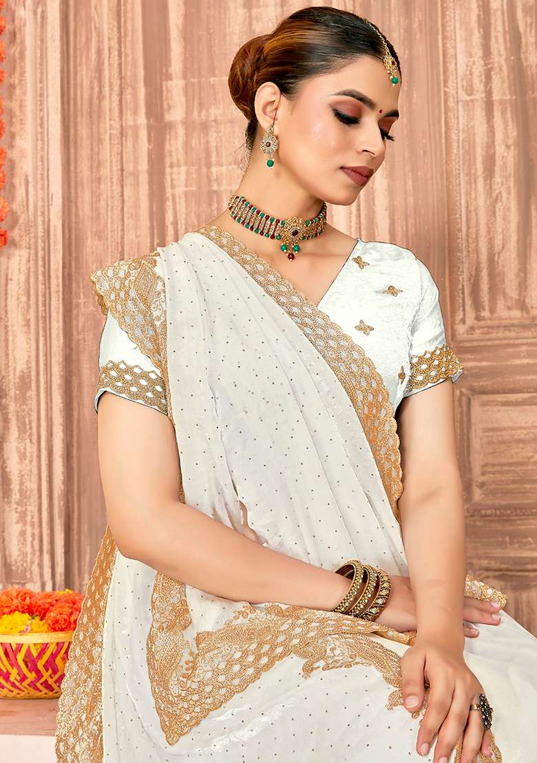 White Embroidery Work Silk Blend Saree Set - Indya